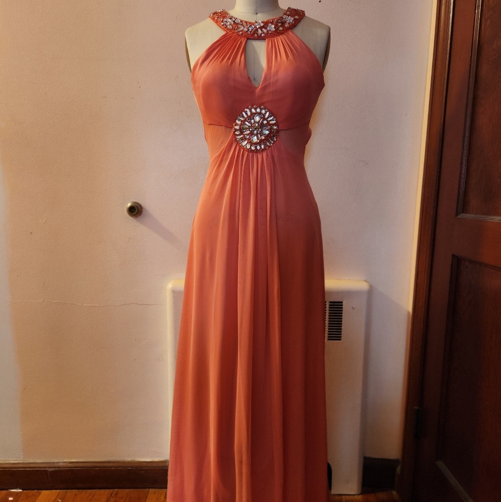 B Darlin Coral Halter Prom Dress with Embellished Waist